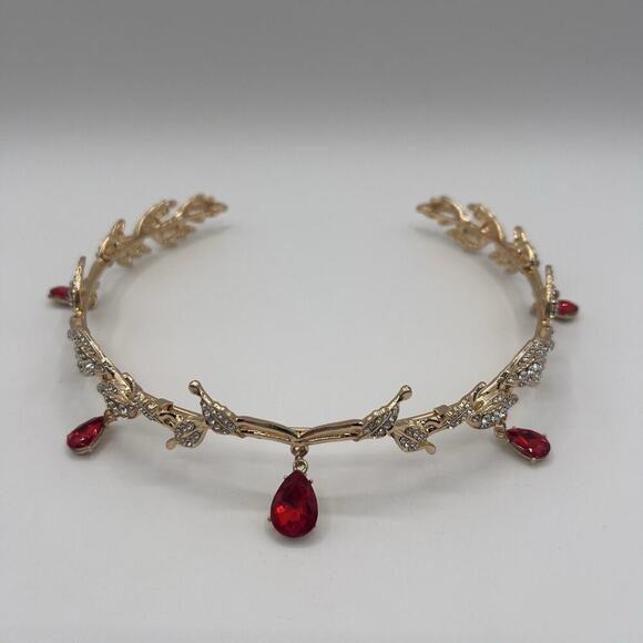 Gold Elf Fairy Tiara Crown with Red Gem & 2 Pairs Elf Ears Cosplay Halloween - Picture 7 of 8
